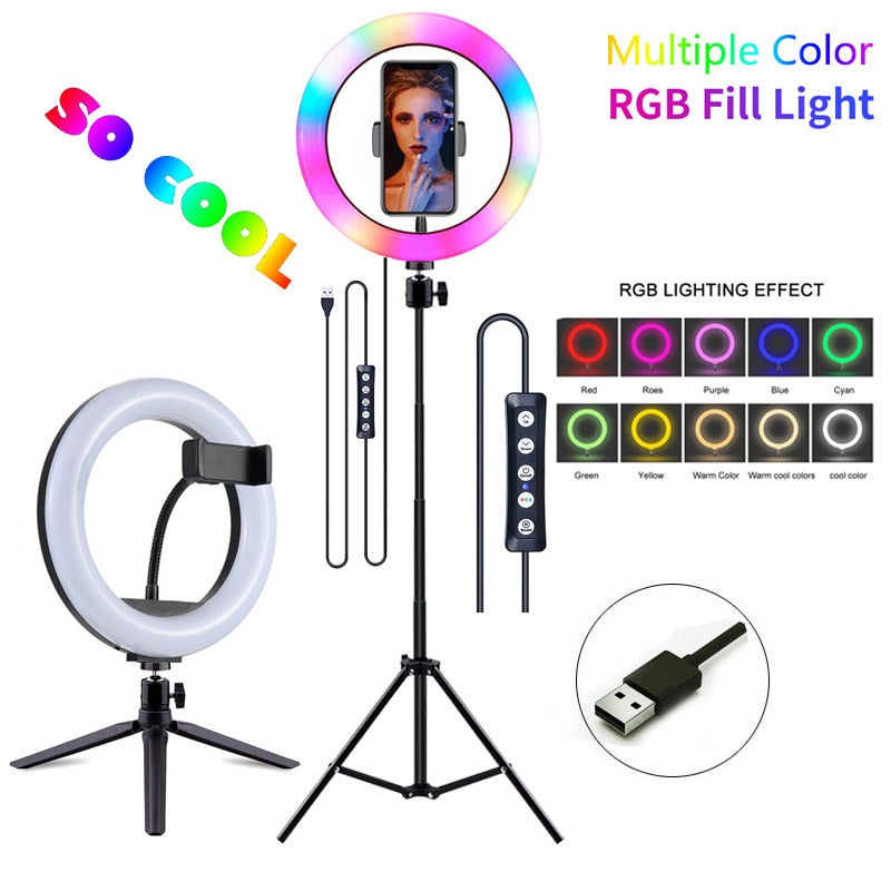 Video Lights RGB Selfie LED Ring Light Dimmable Ring Lamp With Stand Tripods Rim Of Light For TIKTOK Youtube Makeup ringlight